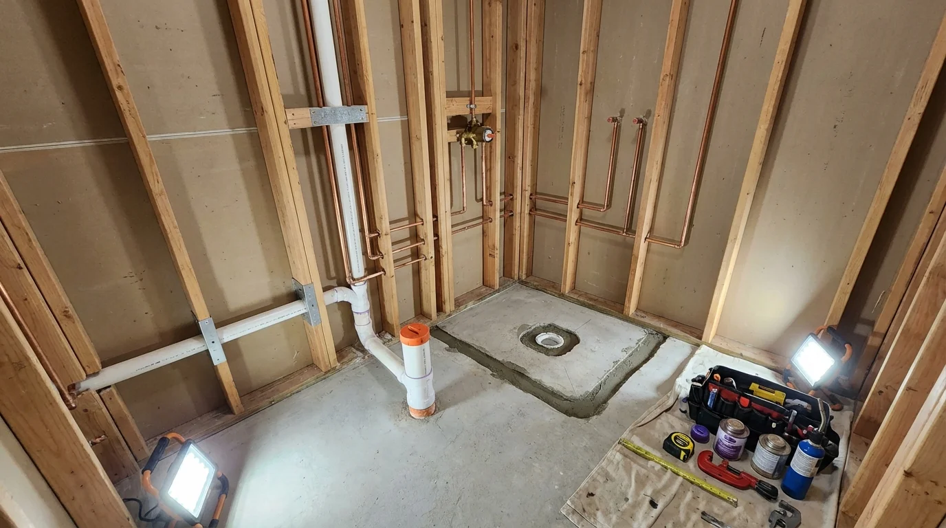 Bathroom rough-in plumbing during remodel by Johns Plumbing LLC in Oracle