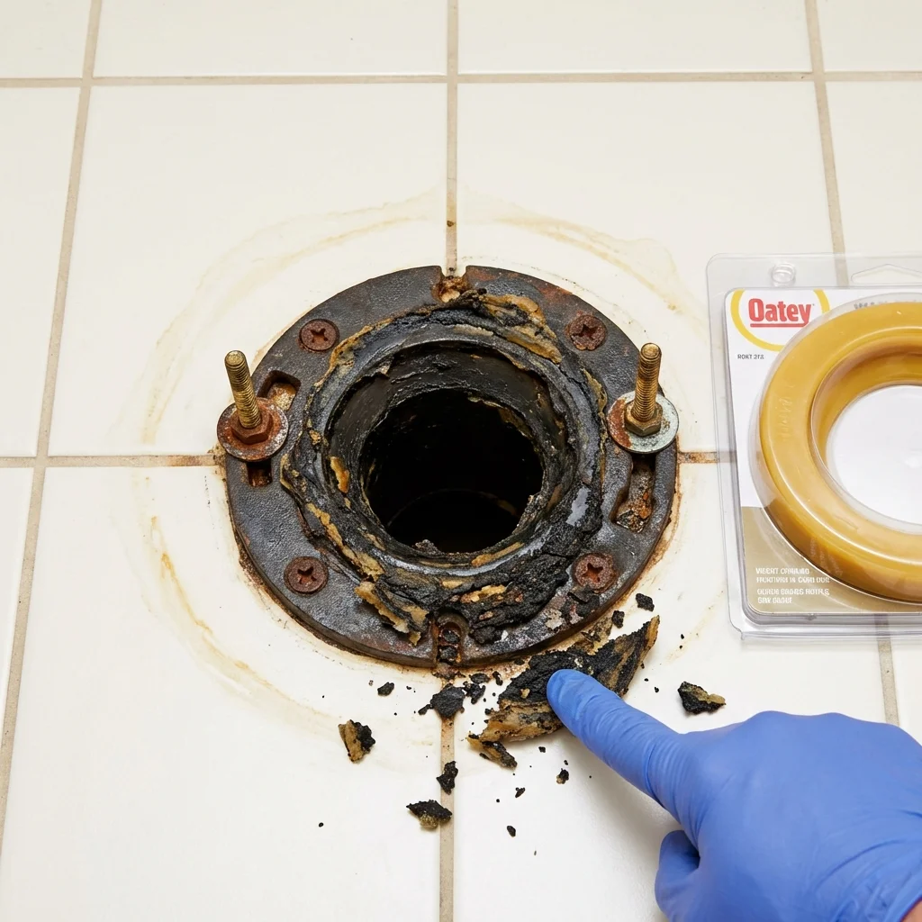 Failed wax ring showing water seepage at the base of a toilet in a Oracle, AZ home