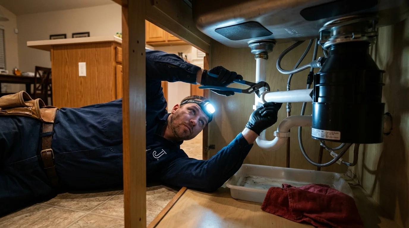 P-trap and supply line connections under a kitchen sink showing a common leak point in Oracle, AZ